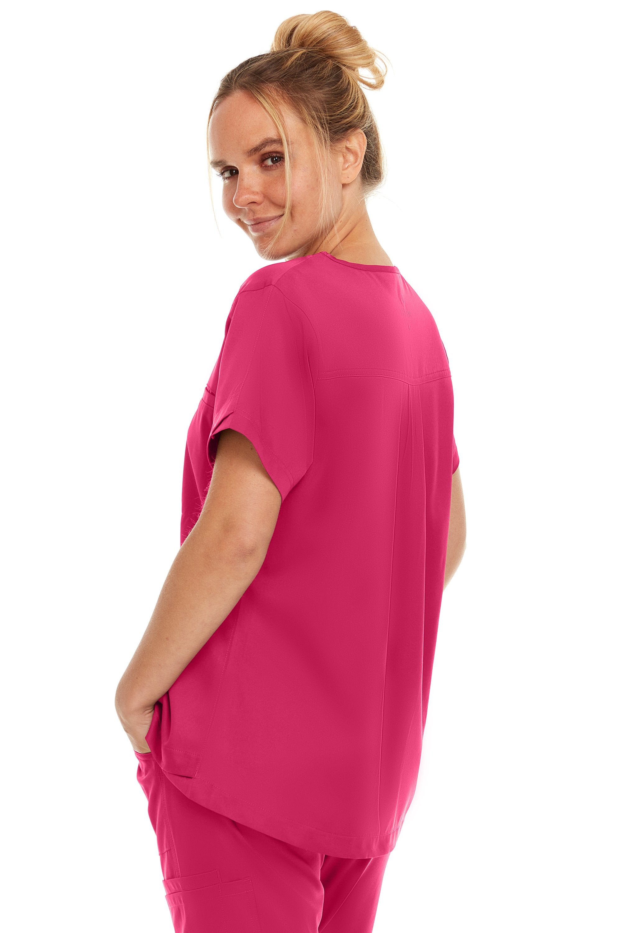 Kim - Medichic V neck Tuck in Top, Shocking Pink, Classique Scrubs