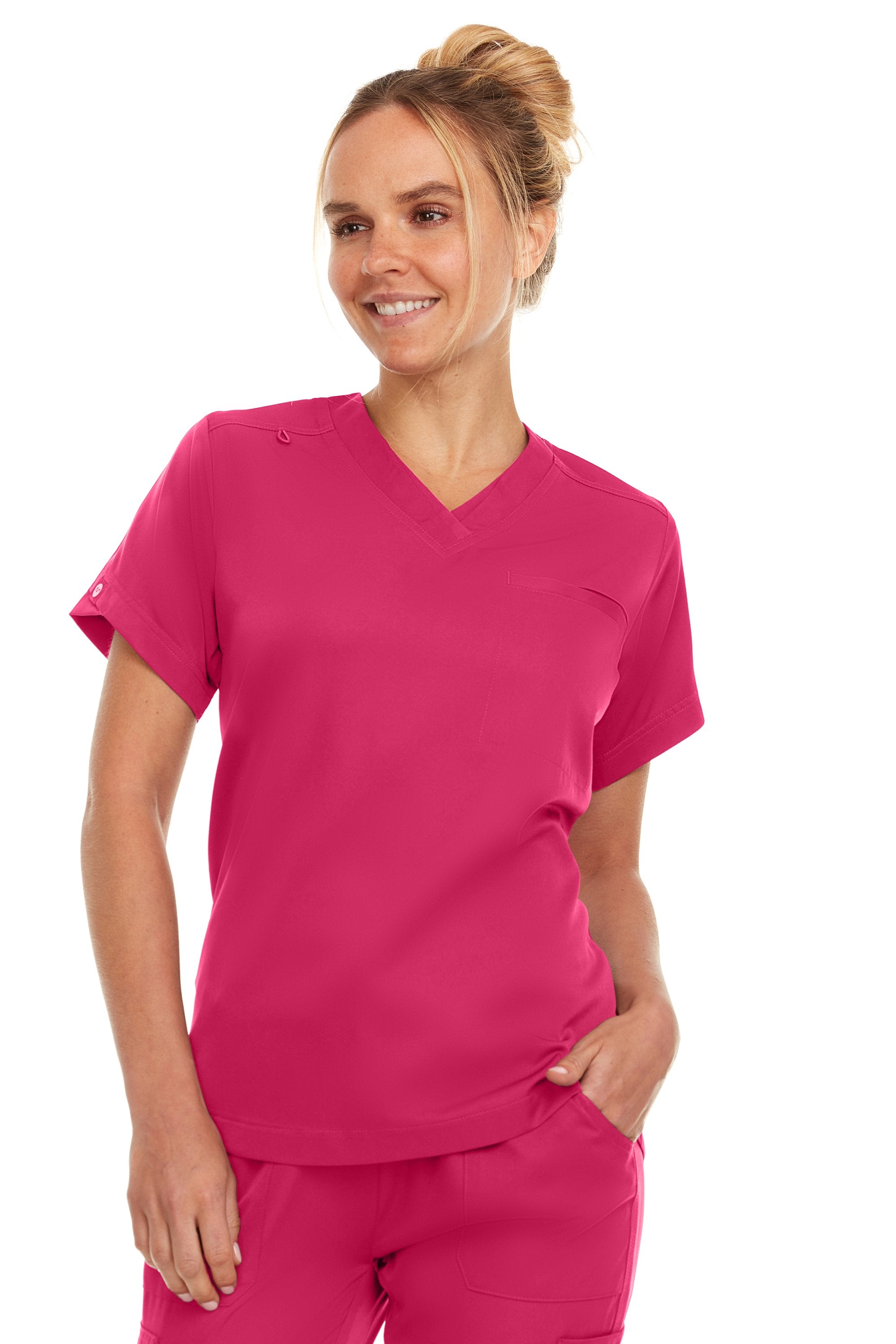 Kim - Medichic V neck Tuck in Top, Shocking Pink, Classique Scrubss