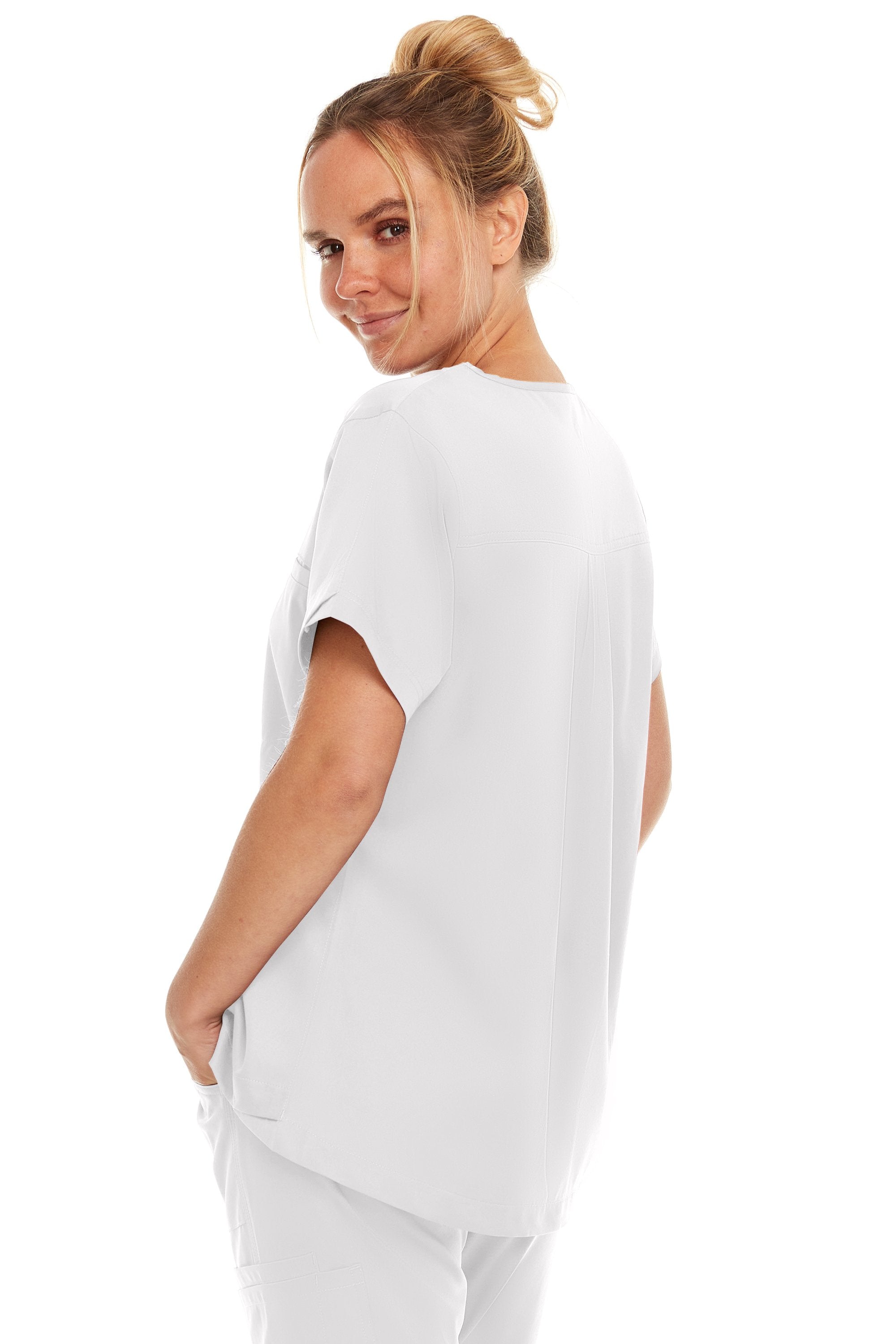 Kim - Medichic V neck Tuck in Top, White, Classique Scrubss